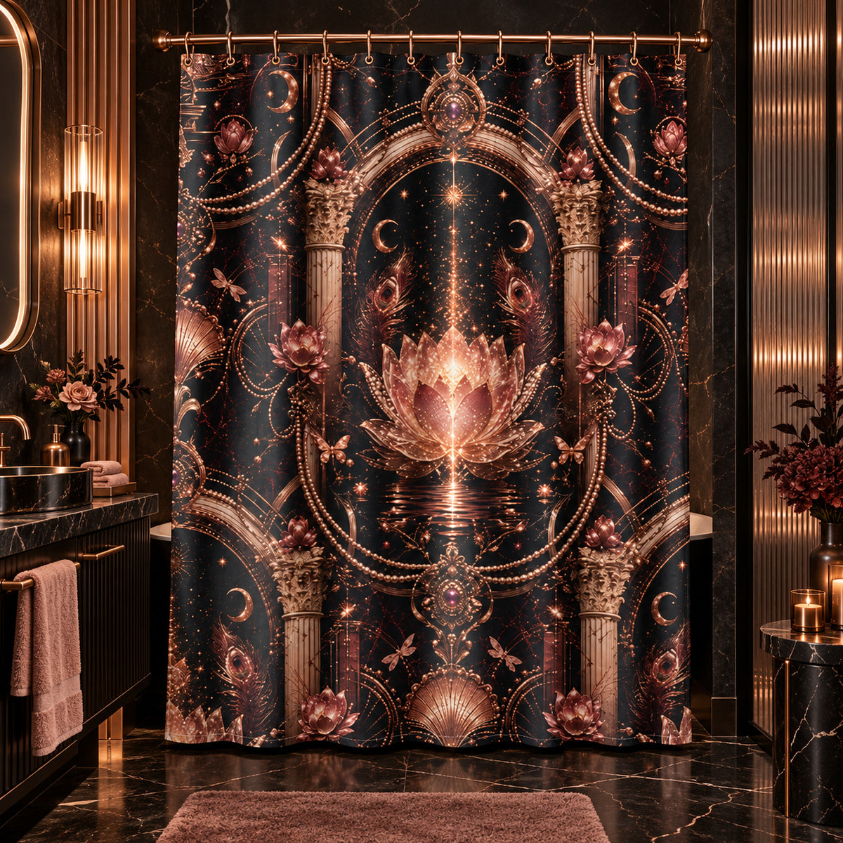 Midnight Lotus Boho Gothic Shower Curtain