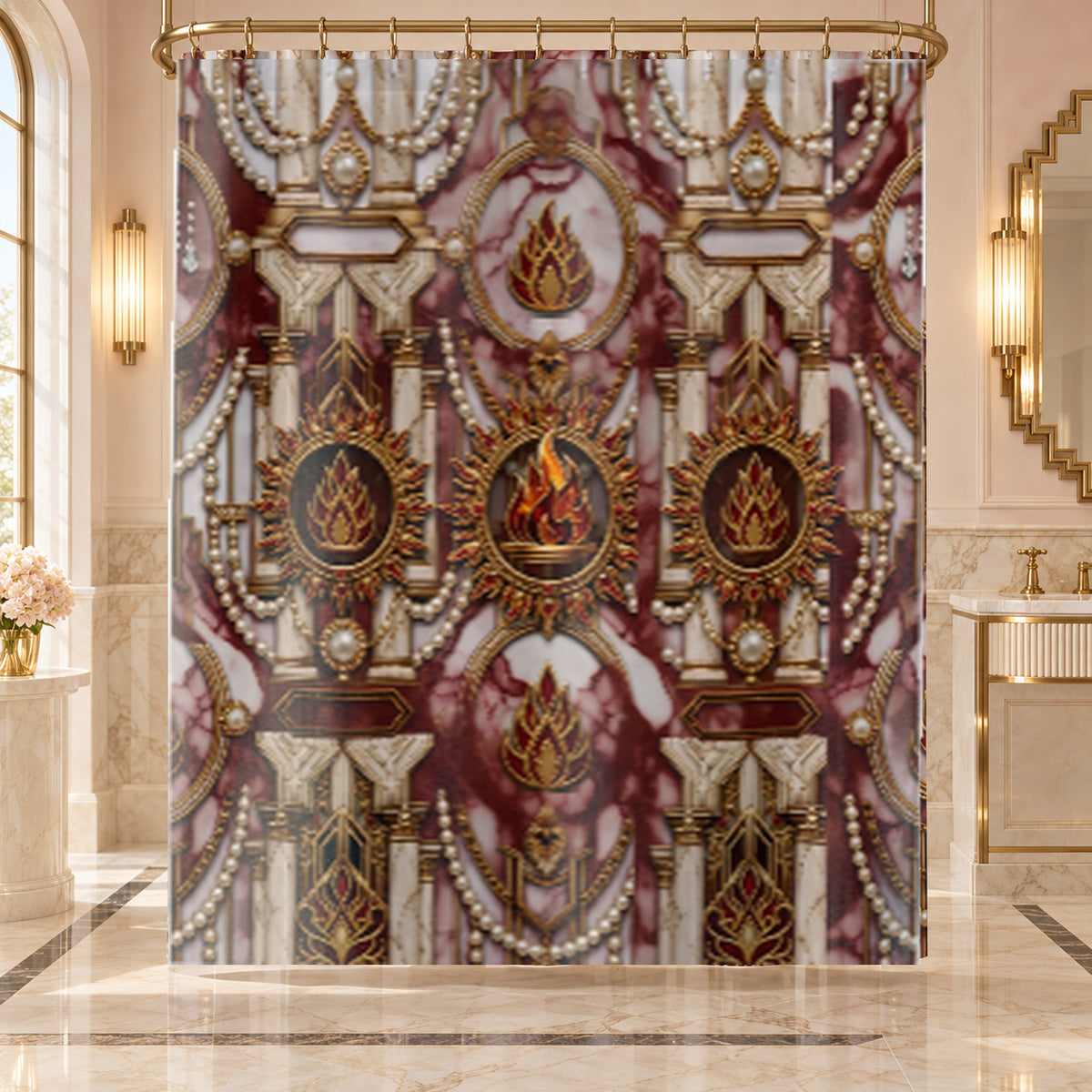 Sacred Flame - Luxury Crimson & White Marble Decor Shower Curtain