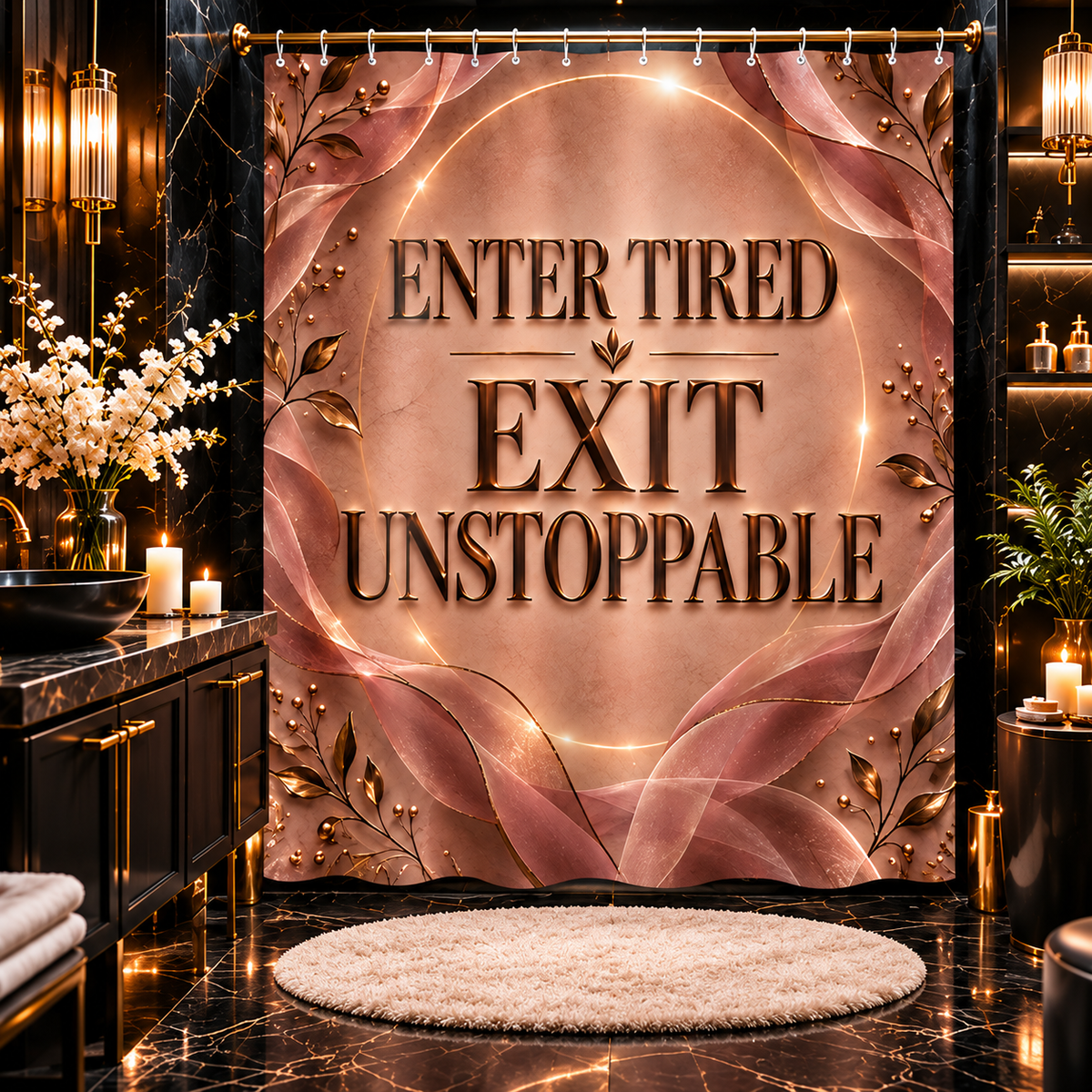 A decorative shower curtain hanging in a luxurious bathroom setting. The curtain features a metallic rose gold and copper background with elegant wavy ribbons, gold leaf details, and the text 'ENTER TIRED EXIT UNSTOPPABLE' in a metallic gold font.
