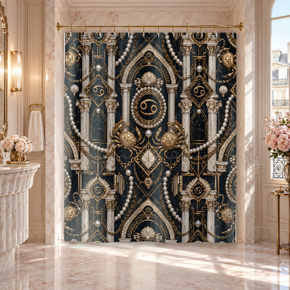 Cancer Zodiac Luxury Shower Curtain — Gold Pearl Astrological Bathroom Decor, Ornate Baroque Columns, Moonlit Sanctuary