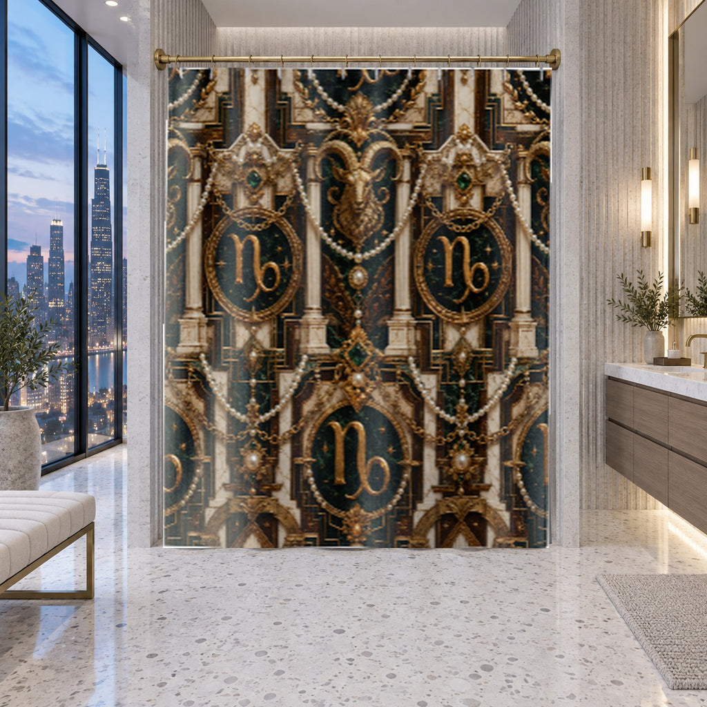 Capricorn Zodiac Luxury Shower Curtain — Gold Art Deco Astrological Design, Emerald Accents, Pearl & Marble Bath Decor