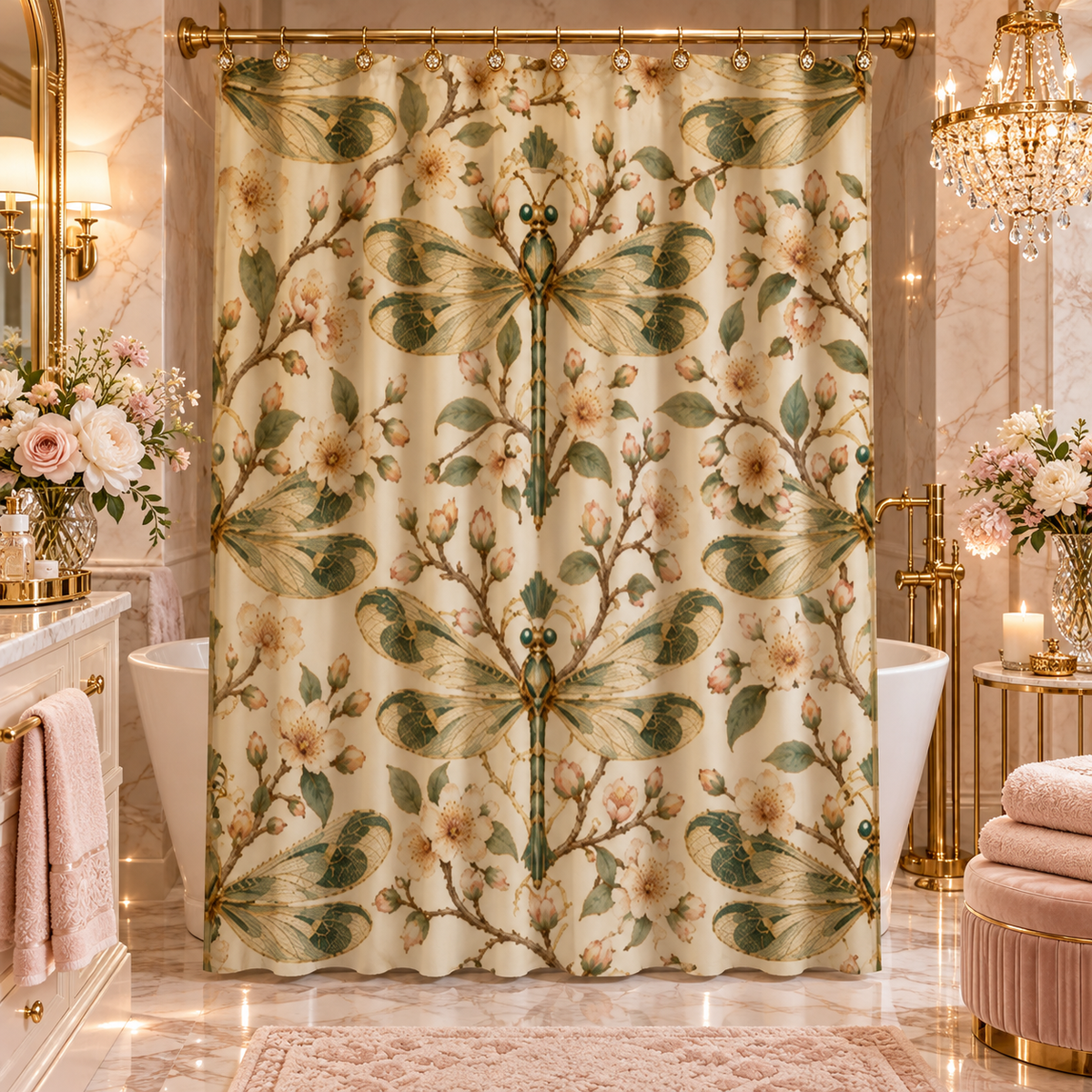 A luxury shower curtain featuring a detailed botanical dragonfly pattern in beige, green, and brown tones, hanging in an elegant, warm-toned marble bathroom.