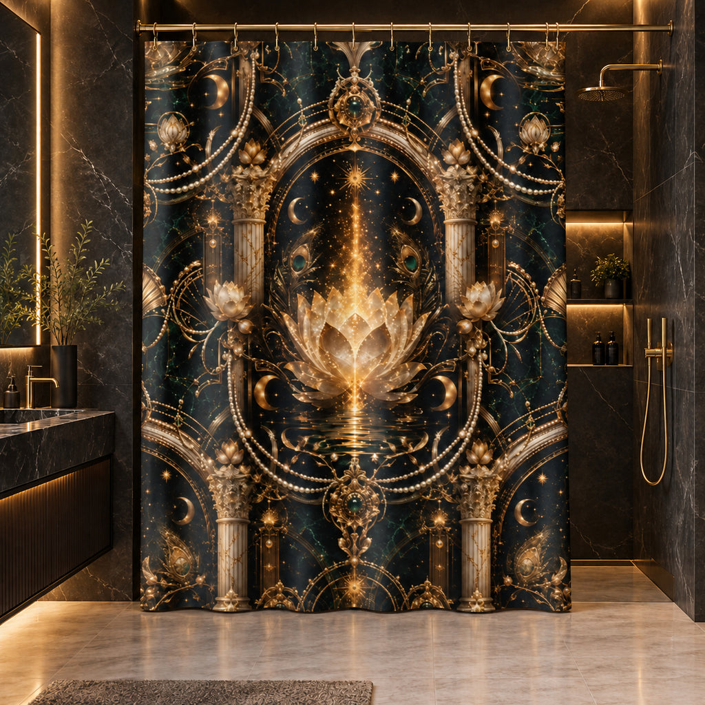 Lotus Alchemy Shower Curtain — Mystical Gold Mandala Bathroom Decor