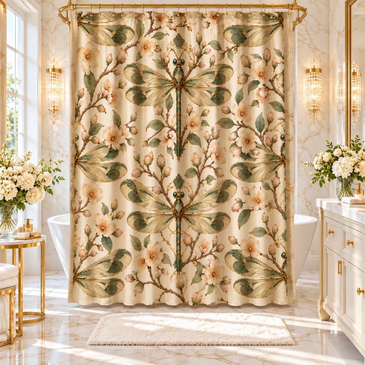 A decorative shower curtain hanging in a bright, elegant bathroom. The curtain features a large-scale pattern of green dragonflies and beige flowers on a cream background.