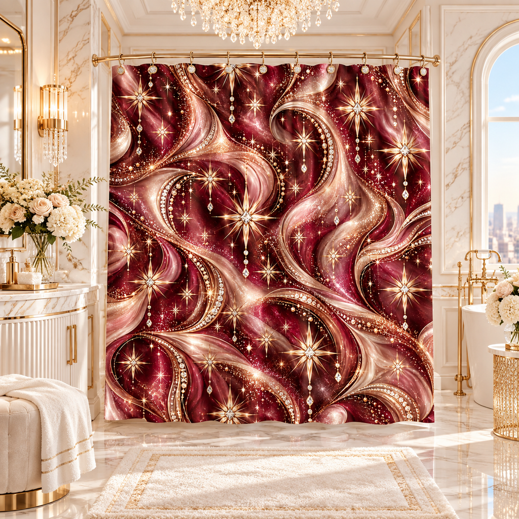 Burgundy Gold Starburst – Lux Midnight Swirl Shower Curtain