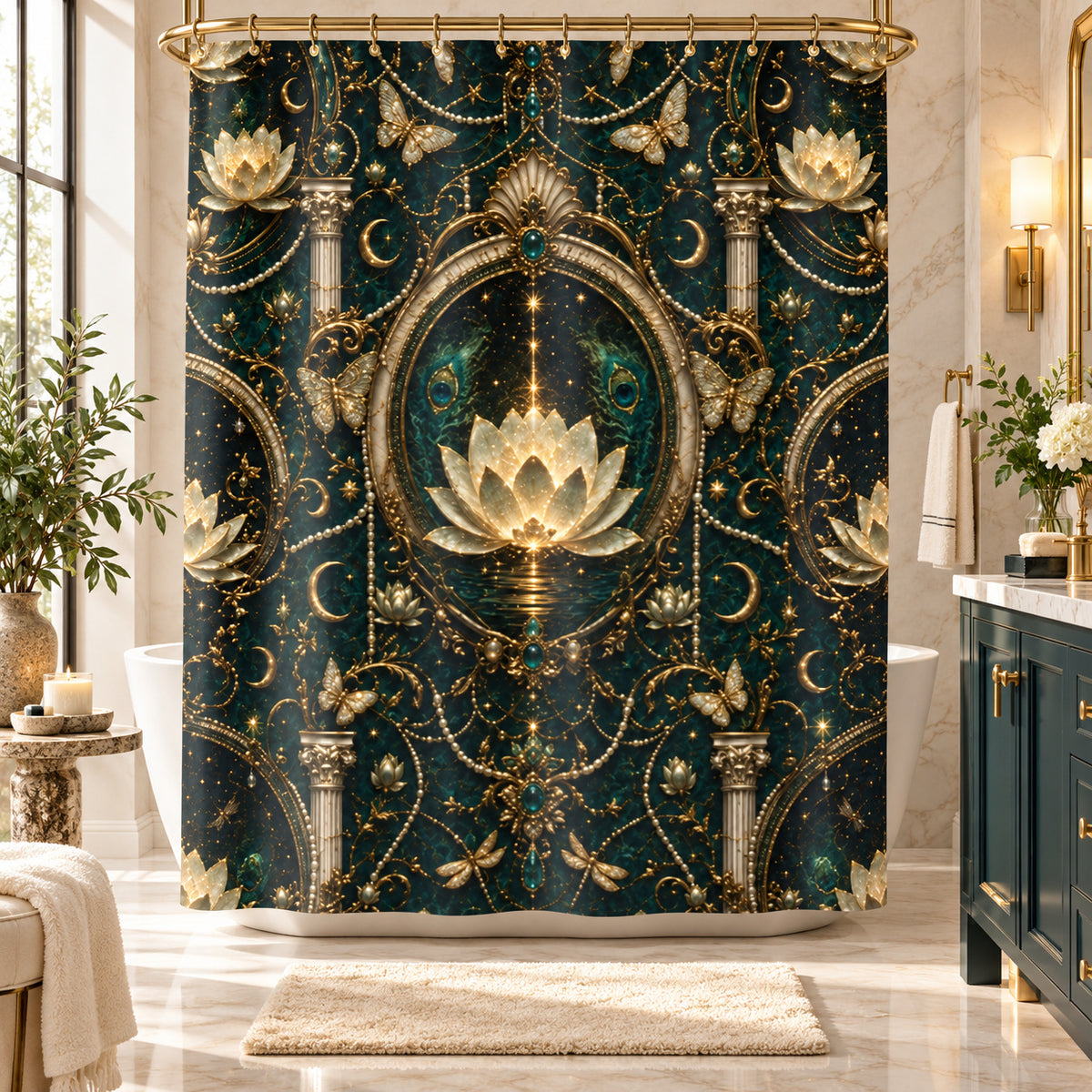 Lotus Moon Shower Curtain — Bohemian Vintage Floral Decor