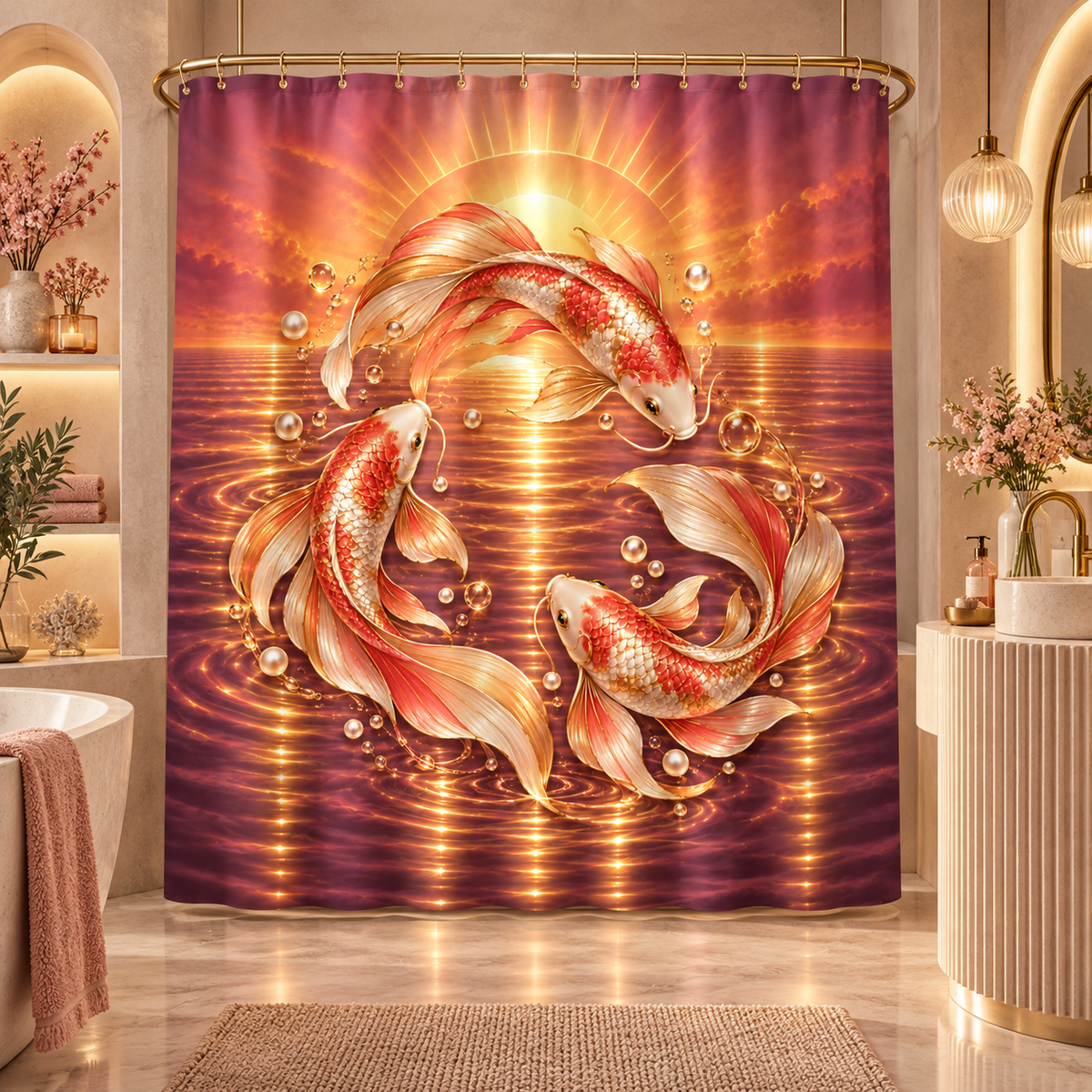 Koi Fish Golden Sunset Oriental — Shower Curtain Bathroom Decor