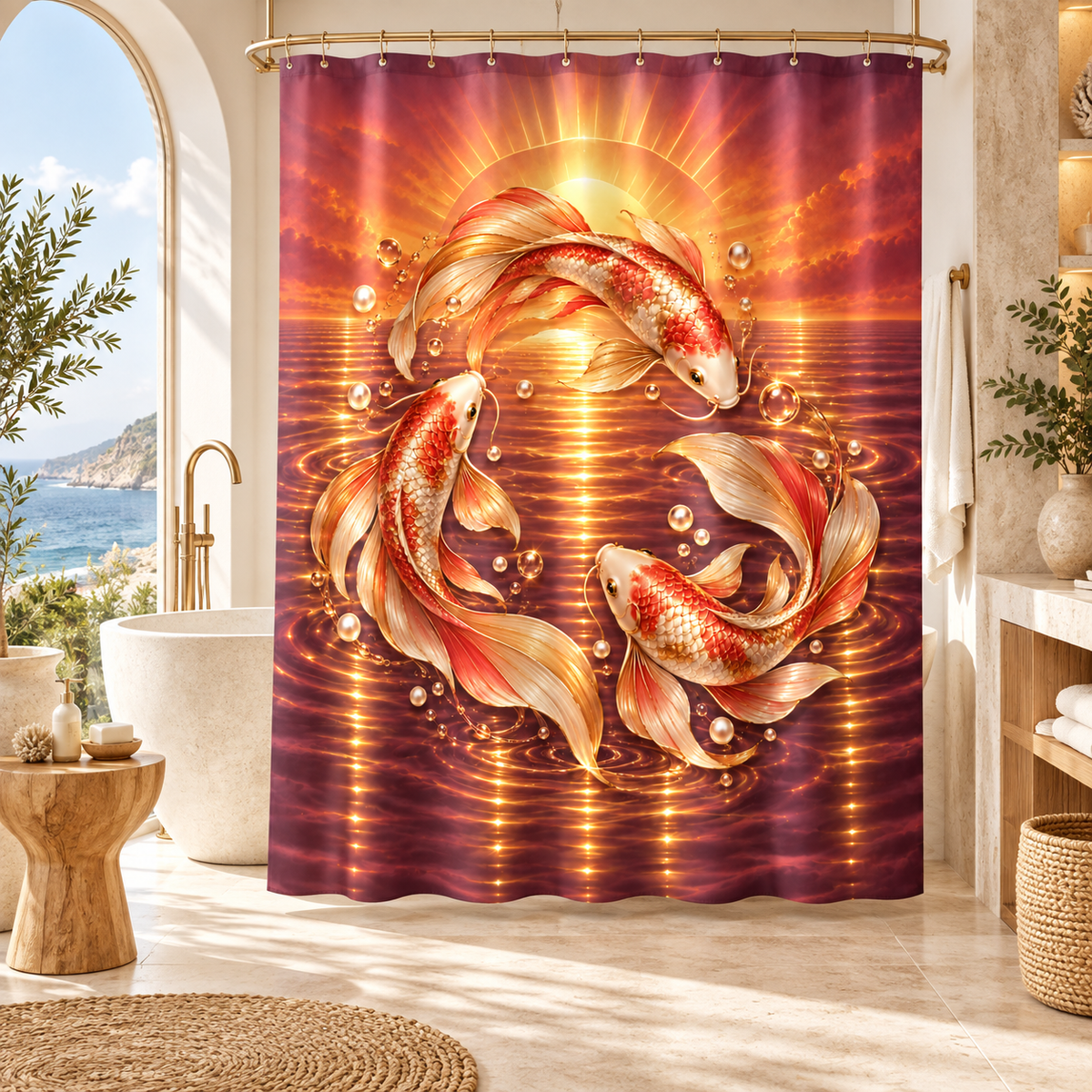 Koi Fish Golden Sunset Oriental — Shower Curtain Bathroom Decor