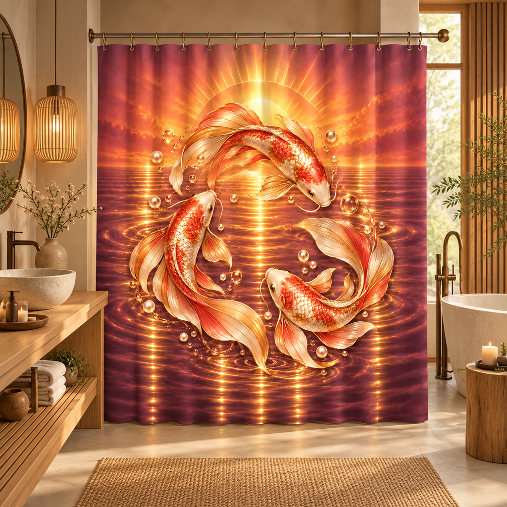 Koi Fish Golden Sunset Oriental — Shower Curtain Bathroom Decor