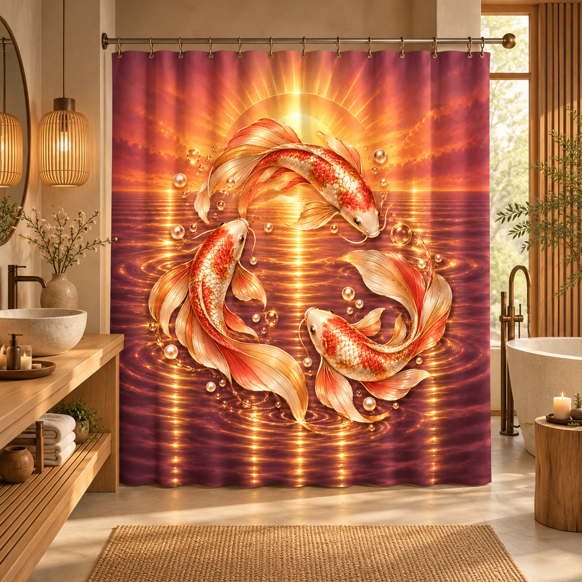 Koi Fish Golden Sunset Oriental — Shower Curtain Bathroom Decor