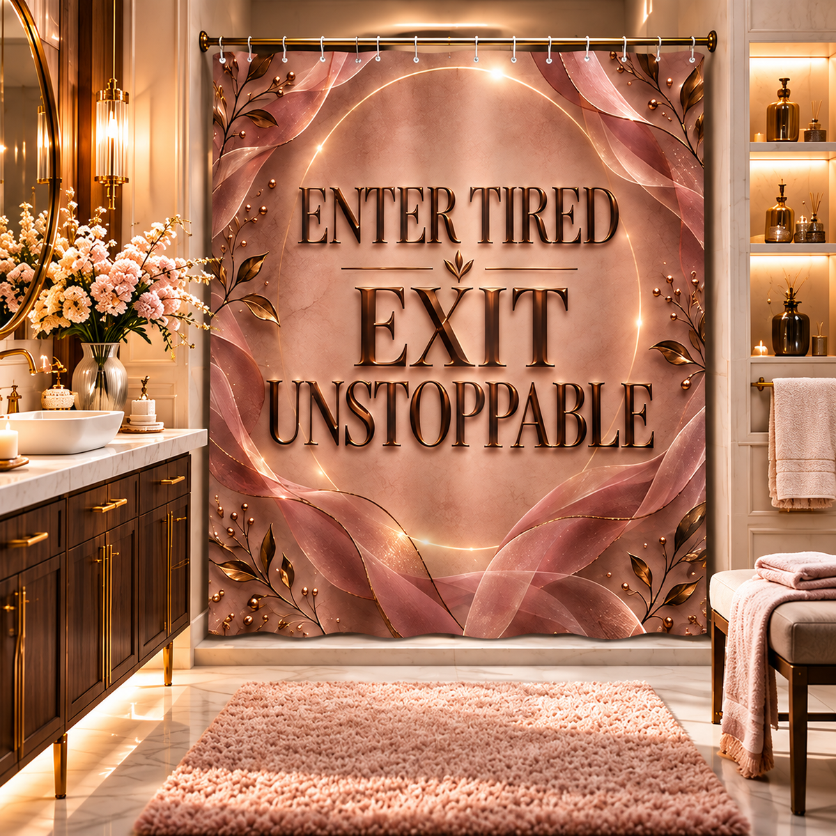 A large decorative shower curtain with the phrase “ENTER TIRED EXIT UNSTOPPABLE” in raised metallic lettering, shown installed in a luxurious bathroom setting with wood cabinetry, flowers, shelving, and a pink rug.