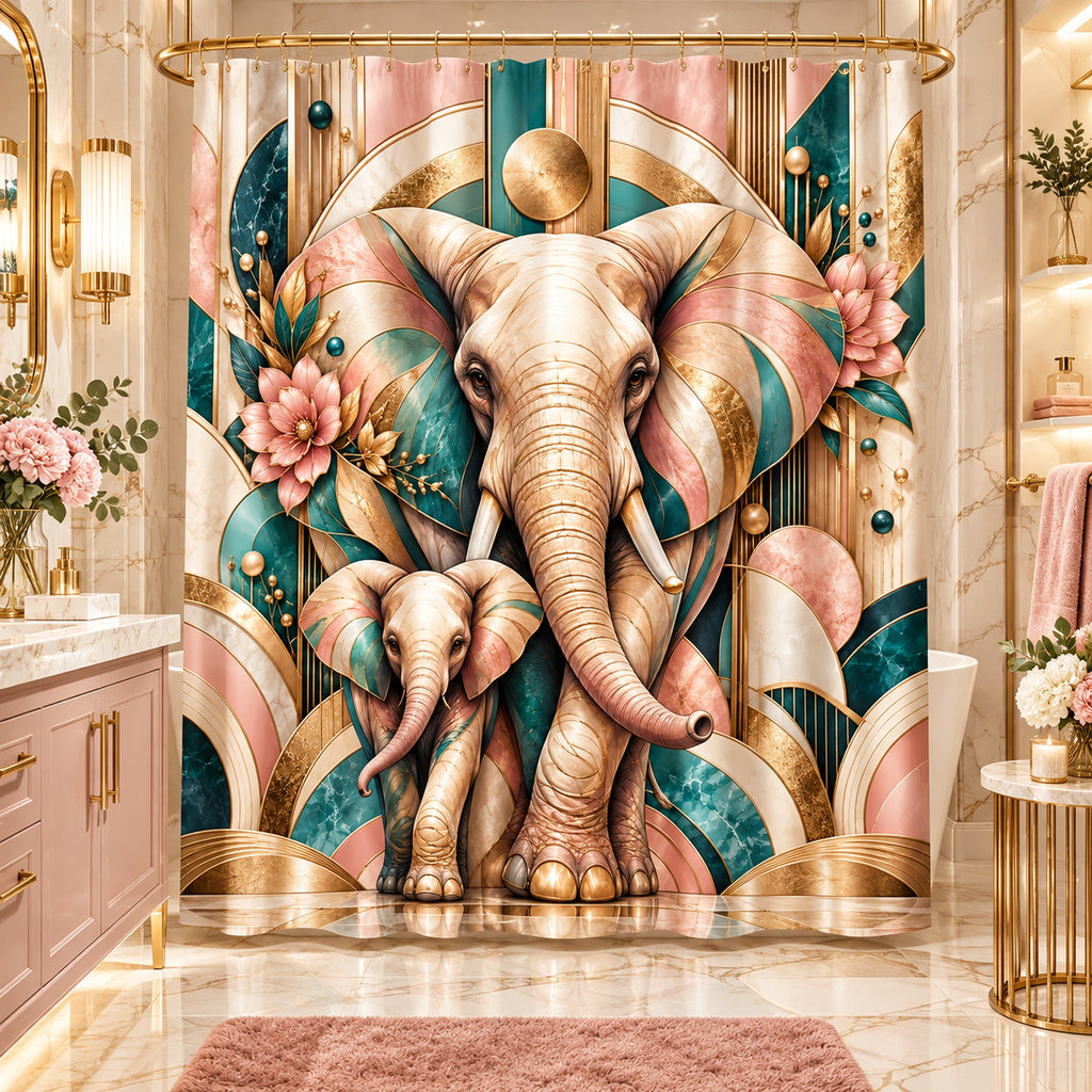A decorative shower curtain hanging in a luxurious bathroom, featuring a stylized Art Deco design of an adult and baby elephant in gold, pink, and teal tones.