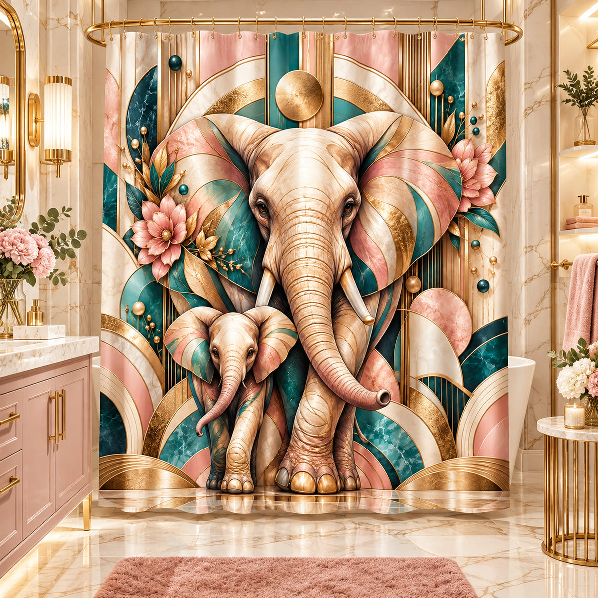 A decorative shower curtain hanging in a luxurious bathroom, featuring a stylized Art Deco design of an adult and baby elephant in gold, pink, and teal tones.