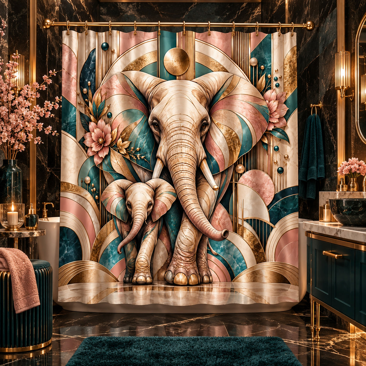 A luxury shower curtain featuring a stylized Art Deco design of an adult and baby elephant in cream, pink, teal, and gold tones, hanging in a high-end bathroom with dark marble walls and gold fixtures.