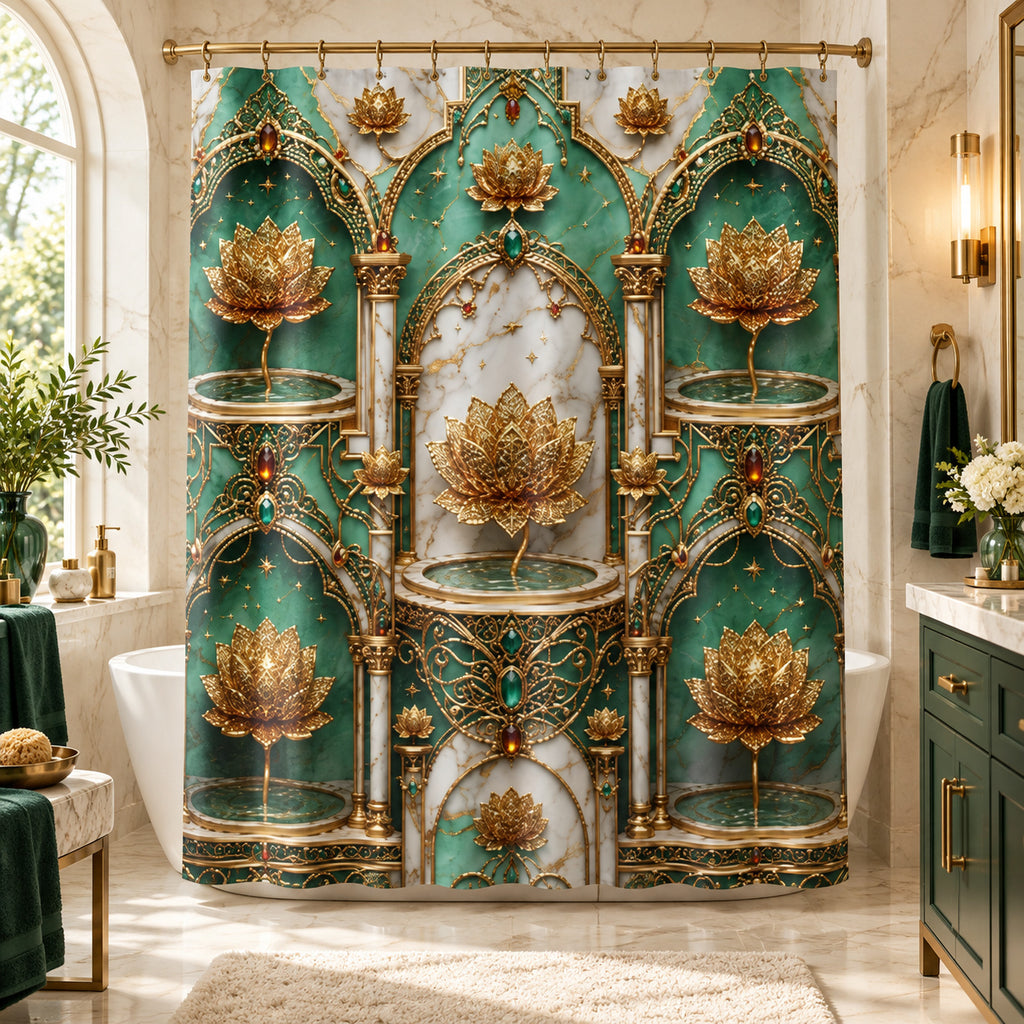 A luxury shower curtain featuring an ornate baroque-style design with gold lotus flowers, teal and white marble arches, and gold filigree details, hanging in a bright, modern bathroom.