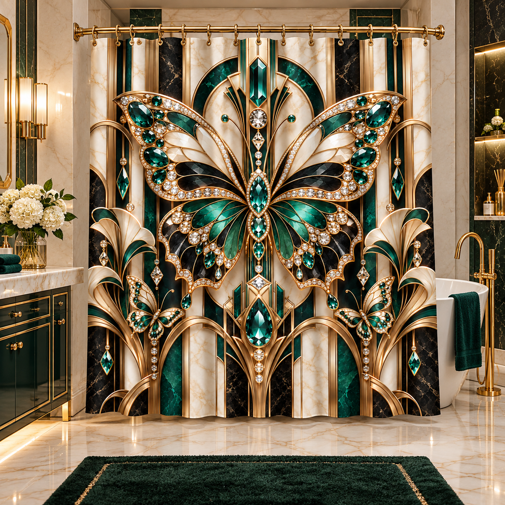 Emerald Butterfly — Luxurious Jewel-Tone Shower Curtain