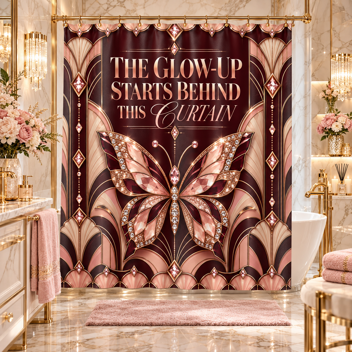 A luxury bathroom scene with a large decorative curtain featuring an Art Deco butterfly and the text 'THE GLOW-UP STARTS BEHIND THIS CURTAIN.' The curtain is rose gold, bronze, and dark brown with jeweled accents, set in a high-end spa-like room with marble floors, gold fixtures, and pink towels.