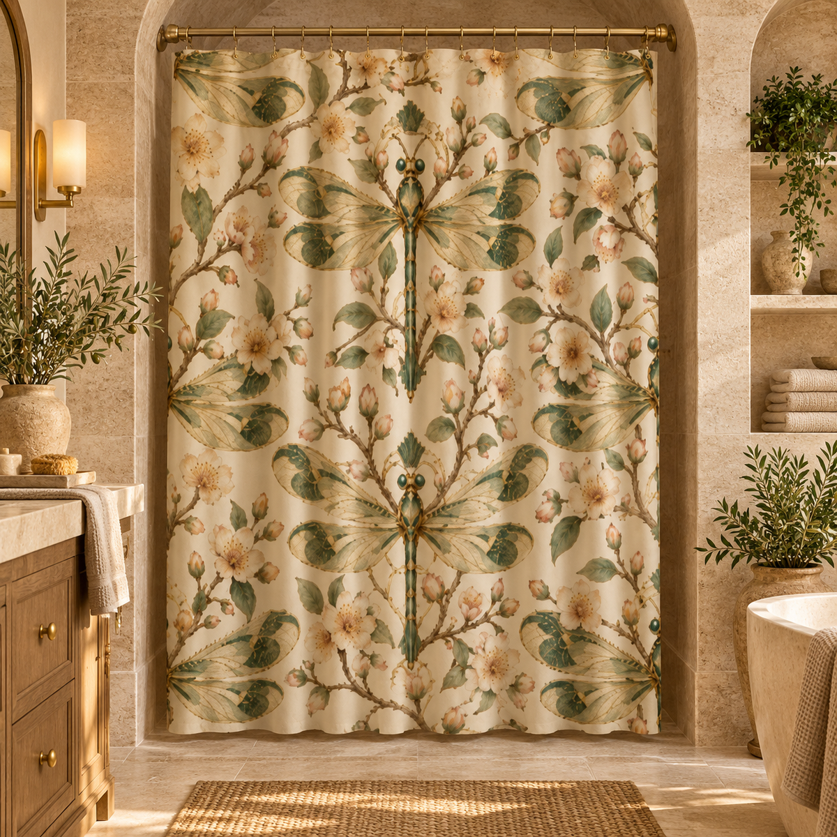 A bathroom scene with a shower curtain hanging in an arched doorway. The curtain has a vintage floral and dragonfly pattern in muted green, beige, and cream tones.