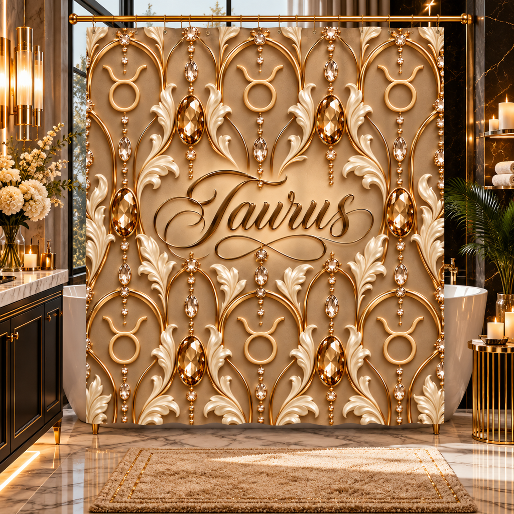 A luxury shower curtain featuring a gold and beige 3D baroque shower curtain with the word 'Taurus' in elegant script at the center, hanging in a richly decorated bathroom.