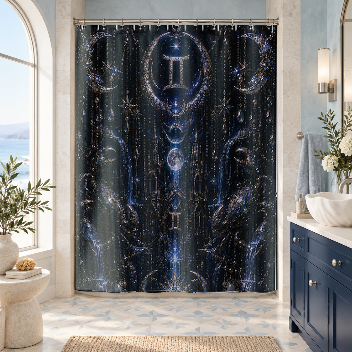 Gemini Zodiac Luxury Gothic Shower Curtain — Gold Jewel Art Deco Bath Decor, Pearl Draping, Twin Emblem Design