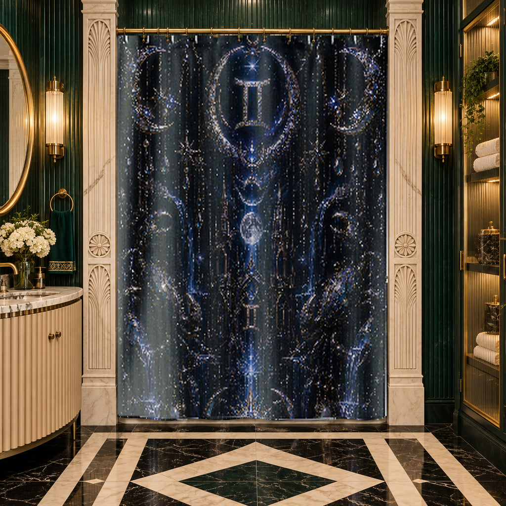 Gemini Zodiac Luxury Gothic Shower Curtain — Gold Jewel Art Deco Bath Decor, Pearl Draping, Twin Emblem Design