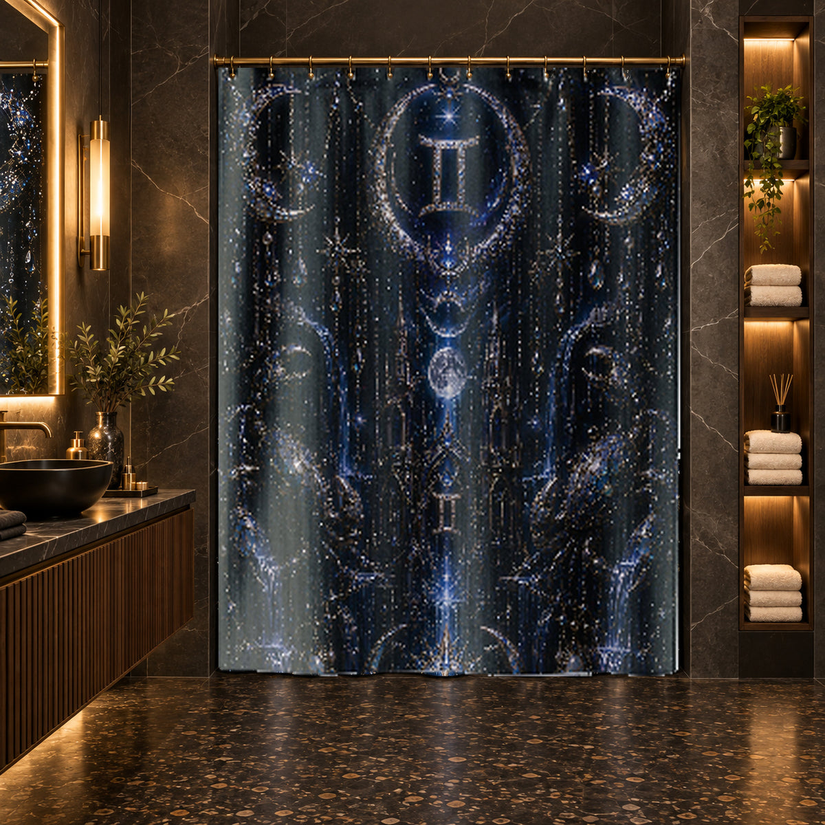 Gemini Zodiac Luxury Gothic Shower Curtain — Gold Jewel Art Deco Bath Decor, Pearl Draping, Twin Emblem Design