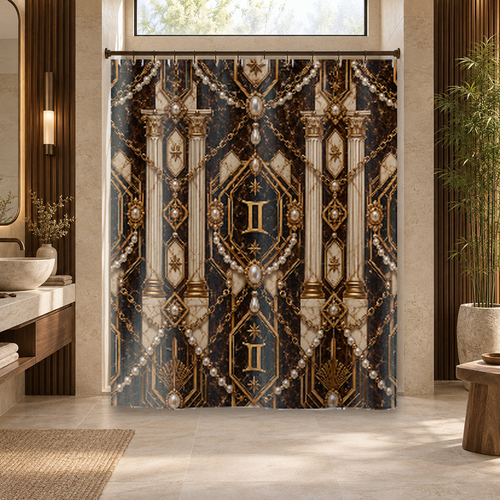 Zodiac Gemini Luxury Gothic Shower Curtain — Gold Jewel Art Deco Bath Decor