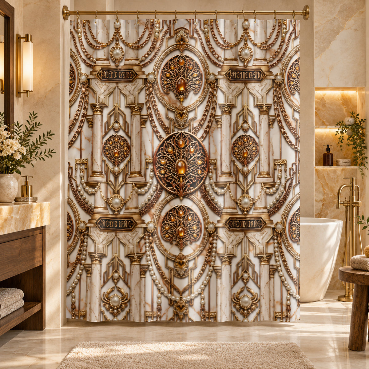Vintage Gold Jewel Shower Curtain –Geometric Bathroom Décor