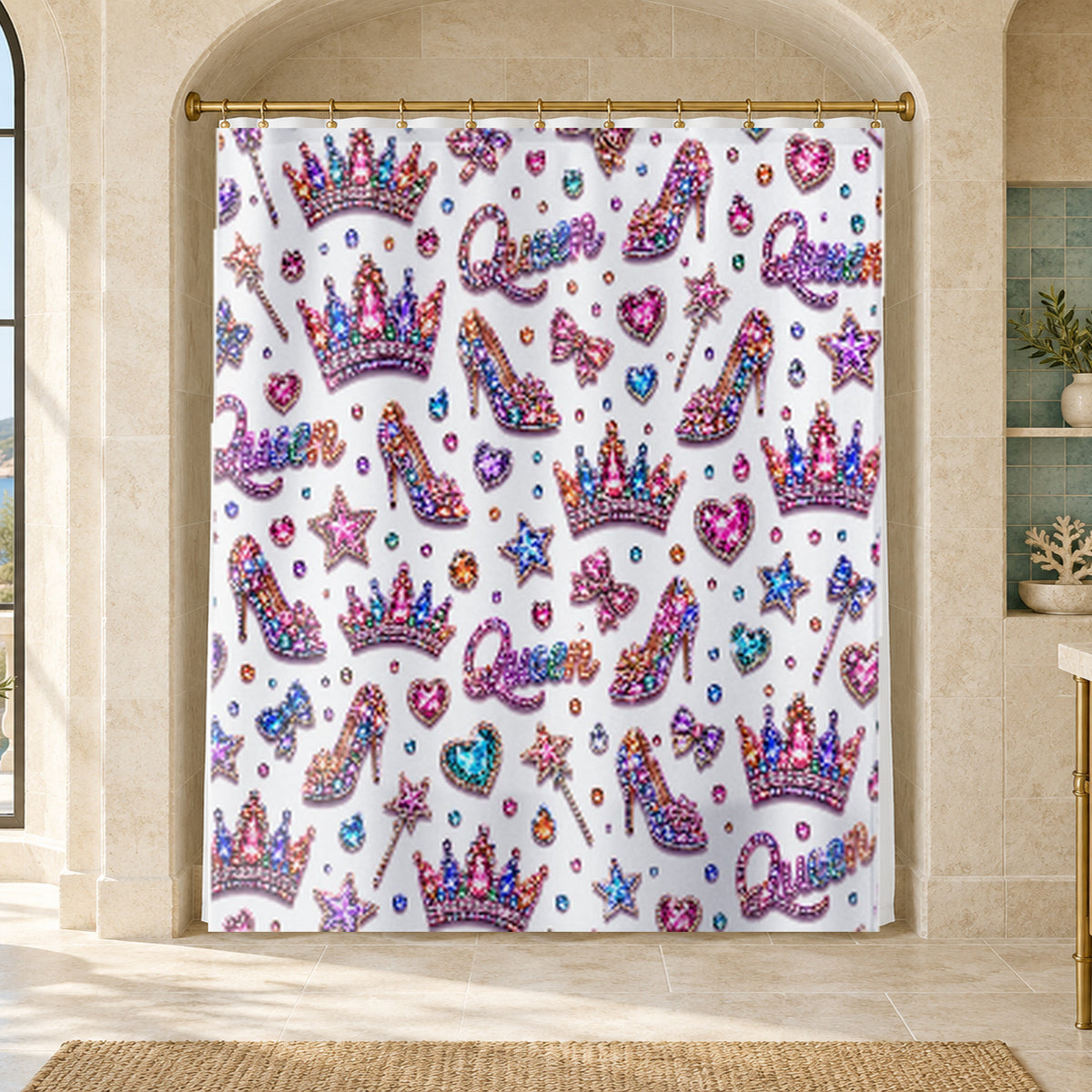 A white shower curtain featuring a colorful repeating pattern of glittery crowns, high-heeled shoes, bows, hearts, stars, and sparkles, hanging in a bathroom with beige stone walls and an arched doorway.