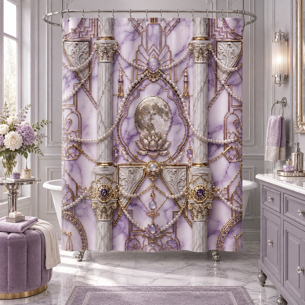 Luxury Lavender & Silver Marble  Moon & Lotus Shower Curtain