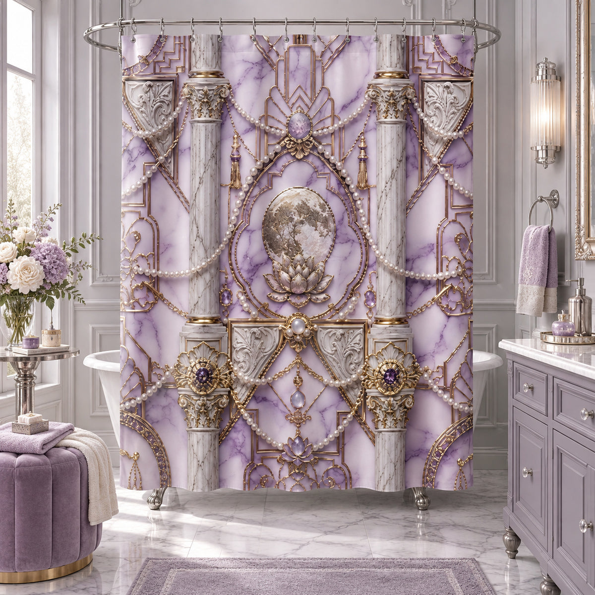 Luxury Lavender & Silver Marble  Moon & Lotus Shower Curtain