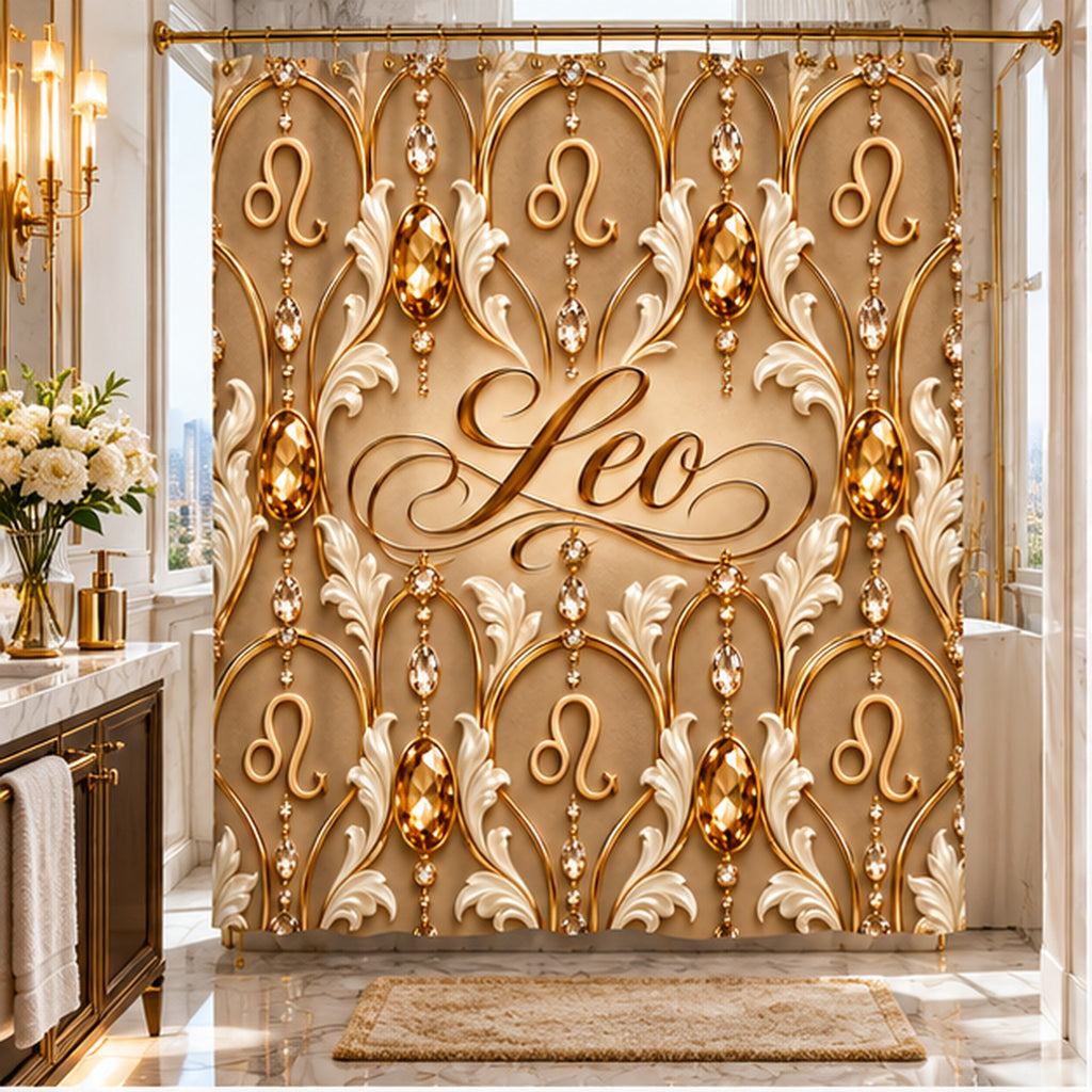 Leo Zodiac Shower Curtain — Elegant Gold Astrological Bathroom Decor