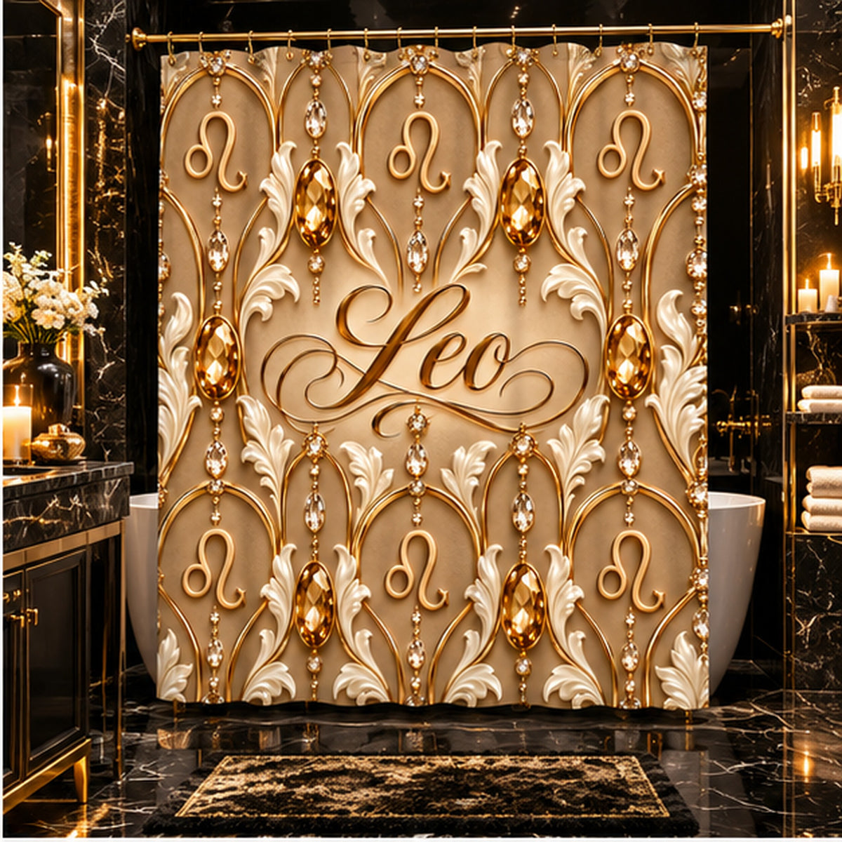 Leo Zodiac Shower Curtain — Elegant Gold Astrological Bathroom Decor