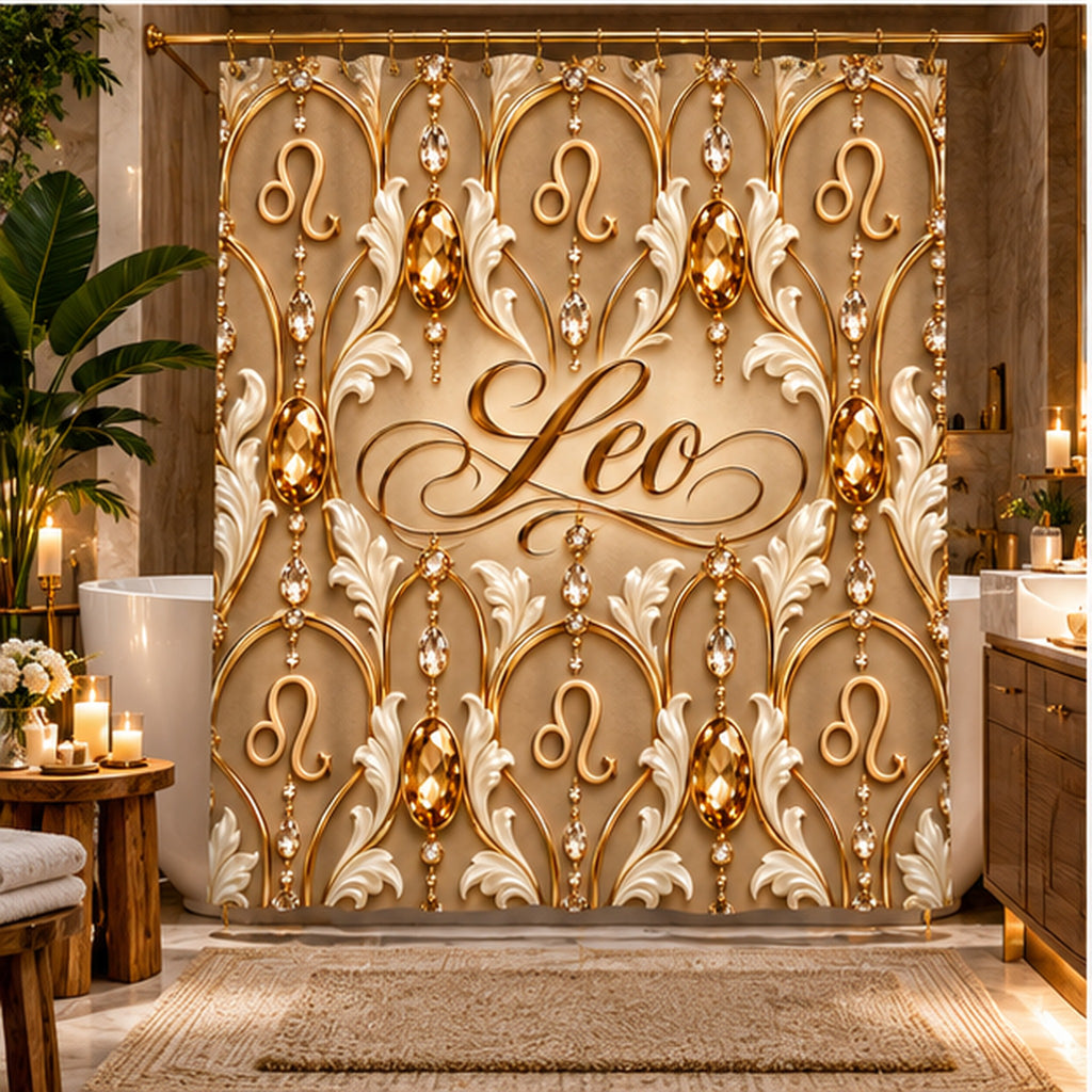Leo Zodiac Shower Curtain — Elegant Gold Astrological Bathroom Decor