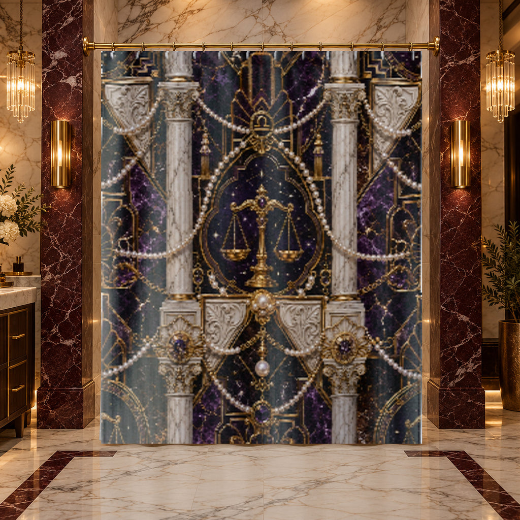A decorative shower curtain featuring an ornate baroque-style design with columns, pearls, and a golden scale of justice motif, shown hanging in a luxurious marble bathroom.