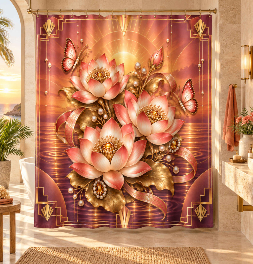 Lotus Bloom Shower Curtain — Golden Floral Zen Bathroom Decor