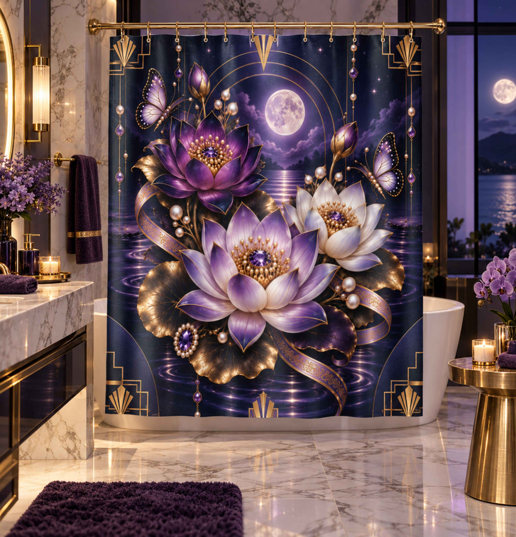 Moonlit Lotus Shower Curtain — Purple Floral, Mystical Moonbath Bathroom Decor