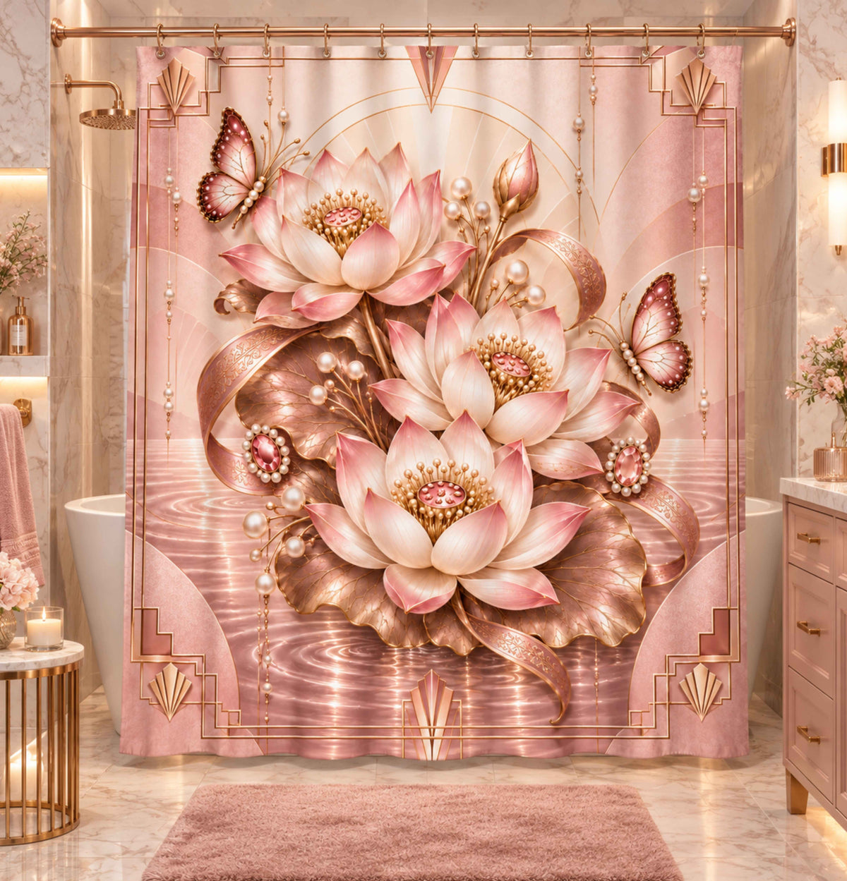 Lotus Blossom Shower Curtain – Pink Floral Butterfly Bathroom Décor