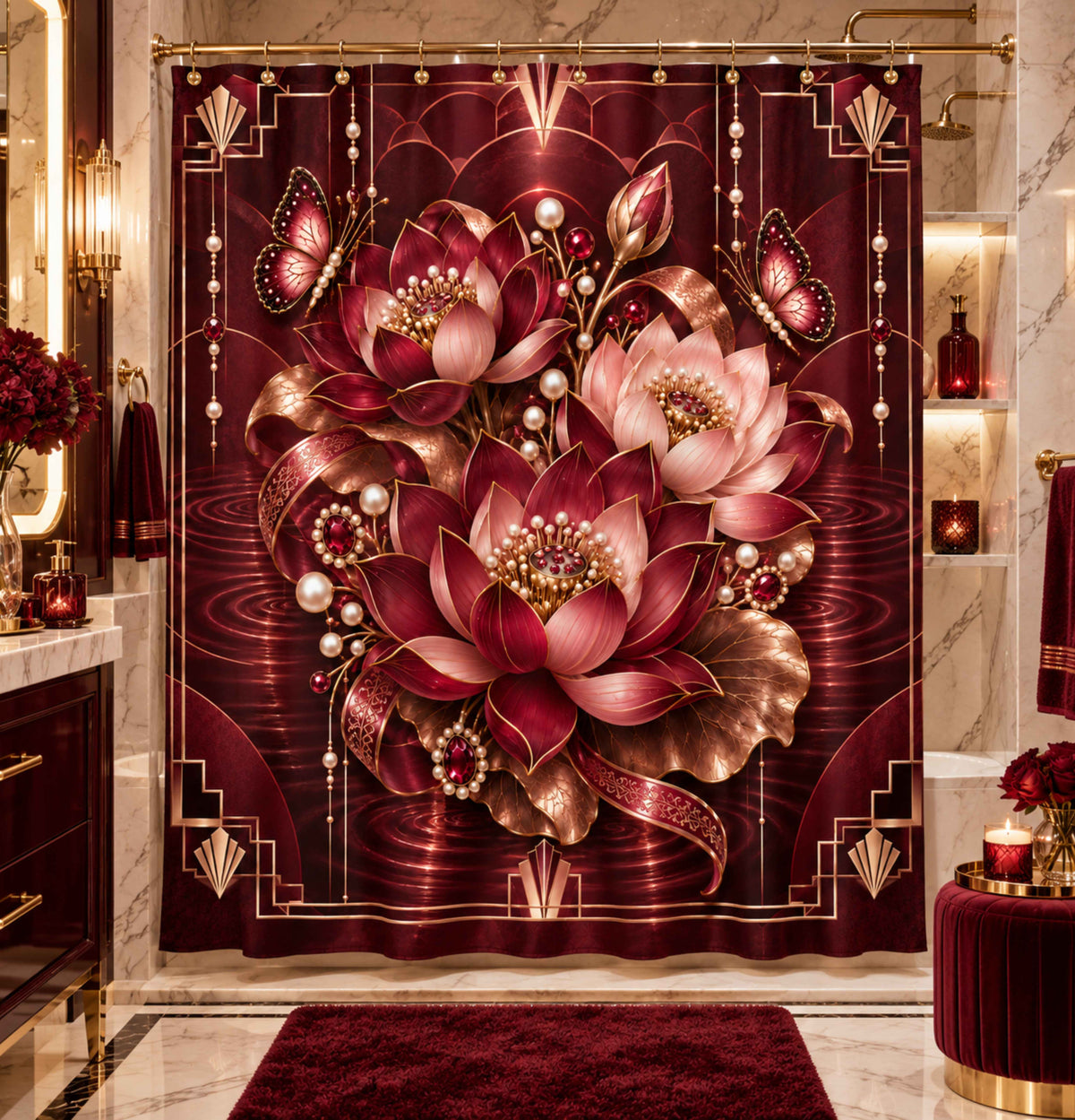 Burgundy Floral Lotus Shower Curtain — Elegant Pearl & Art Deco Bathroom Decor