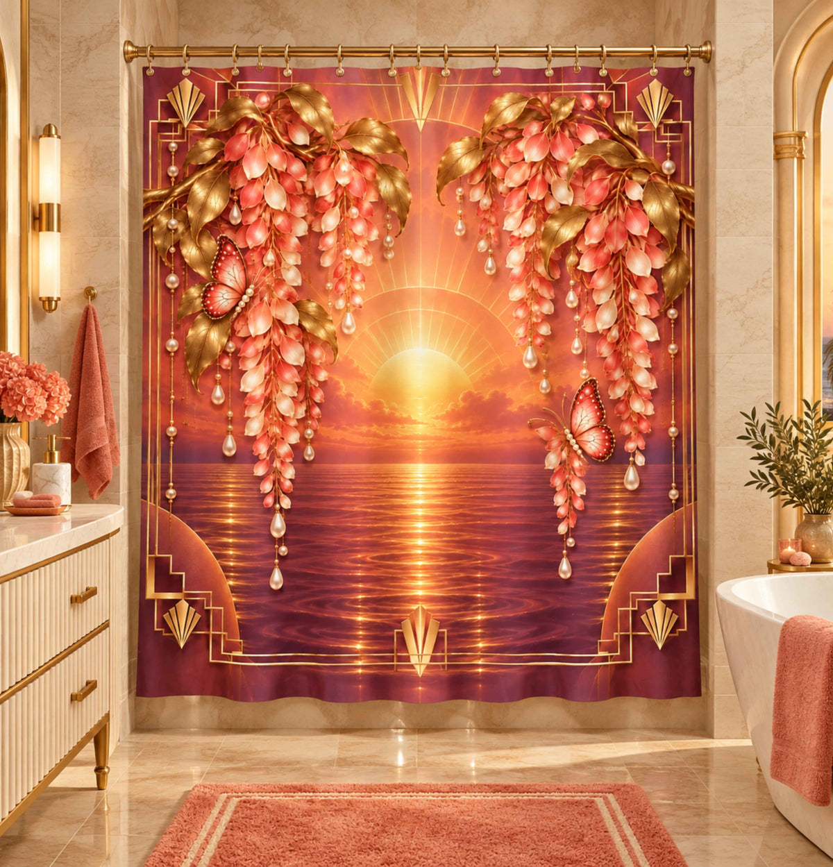 Sunset Pearl Floral Shower Curtain — Romantic Coastal Sunset Bathroom Decor