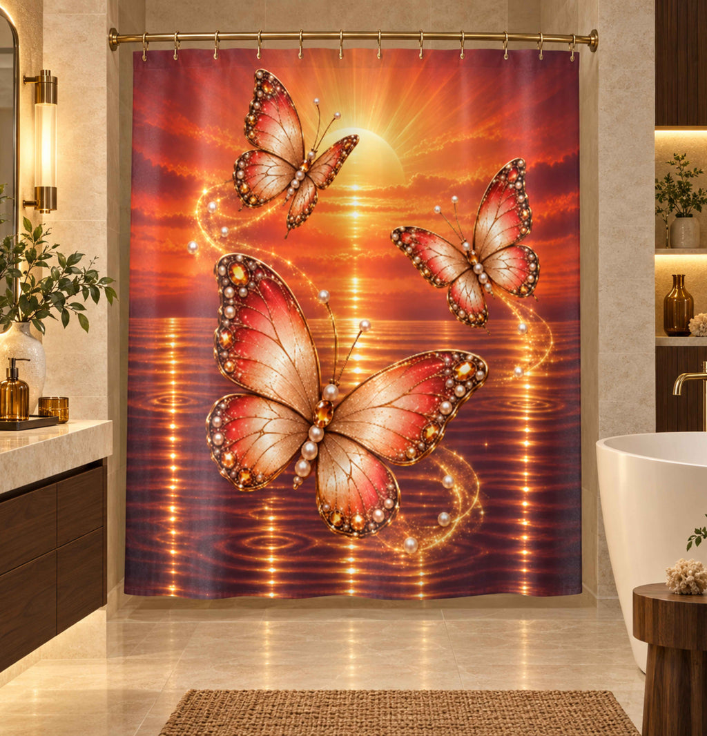 A shower curtain hanging in a bathroom, featuring a vivid sunset scene with three large pink and orange butterflies over reflective water and a glowing sun.