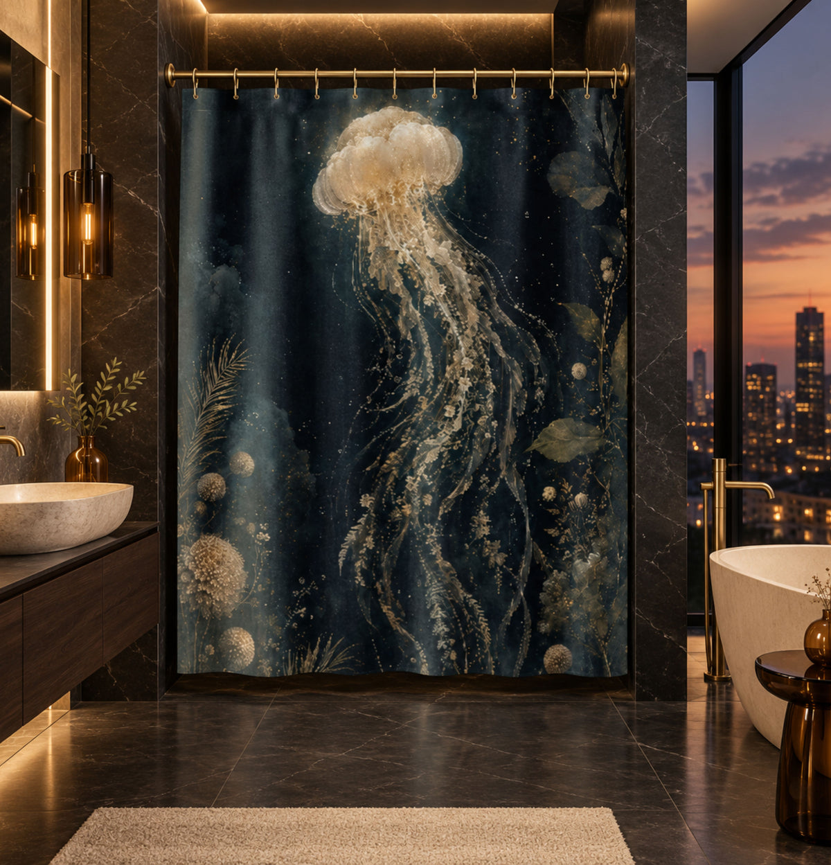 Ethereal Deep Sea Nautical Jellyfish Bathroom Decor—Shower Curtain