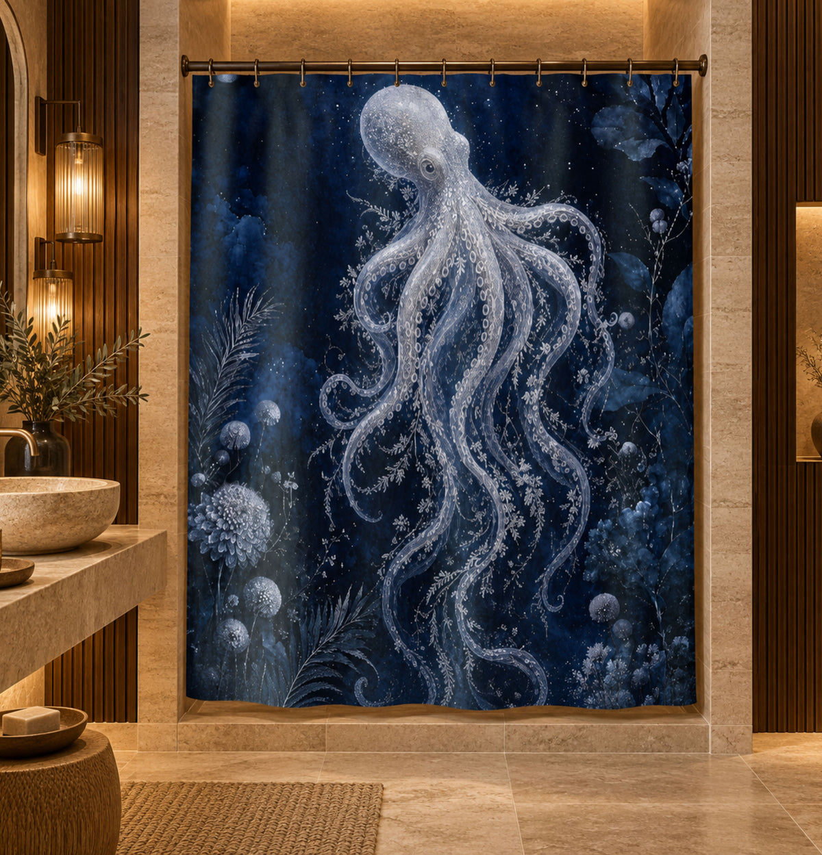 A shower curtain featuring a large white octopus among blue underwater plants, hanging in a warm, modern bathroom setting.