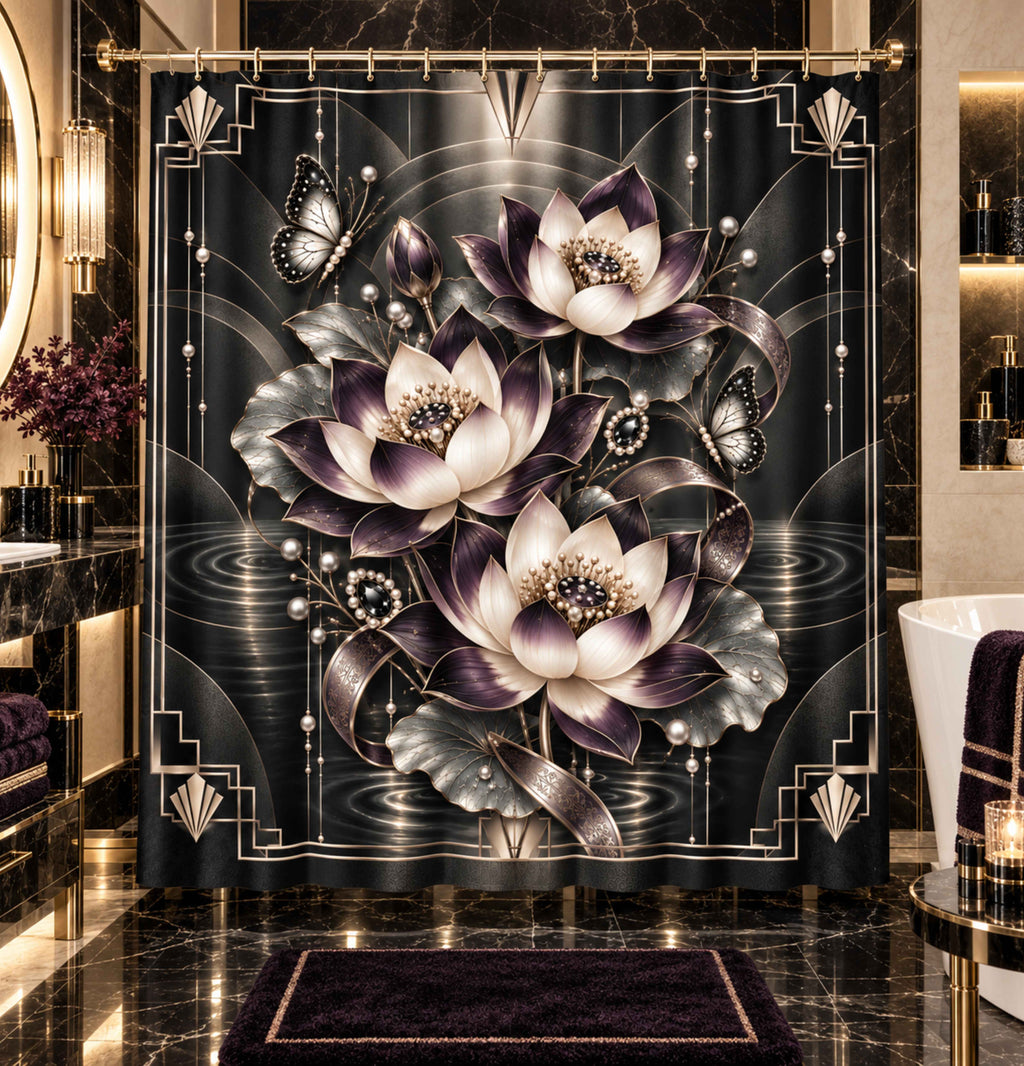 Lotus Elegance Shower Curtain — Dark Floral Bathroom Decor