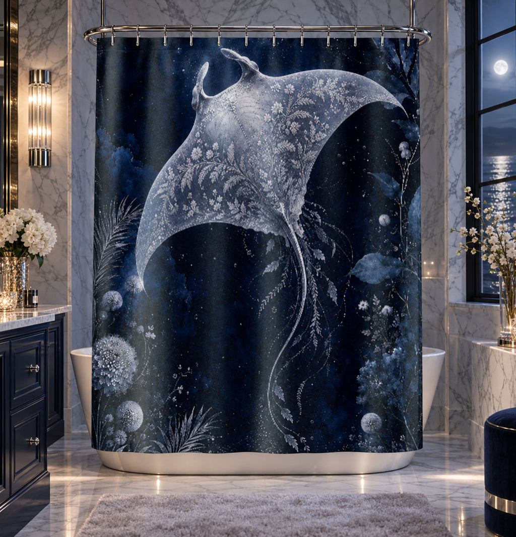 A dark blue and black shower curtain featuring a large white and silver manta ray design, hanging in a modern marble bathroom with a bathtub, vanity, and wall sconces.