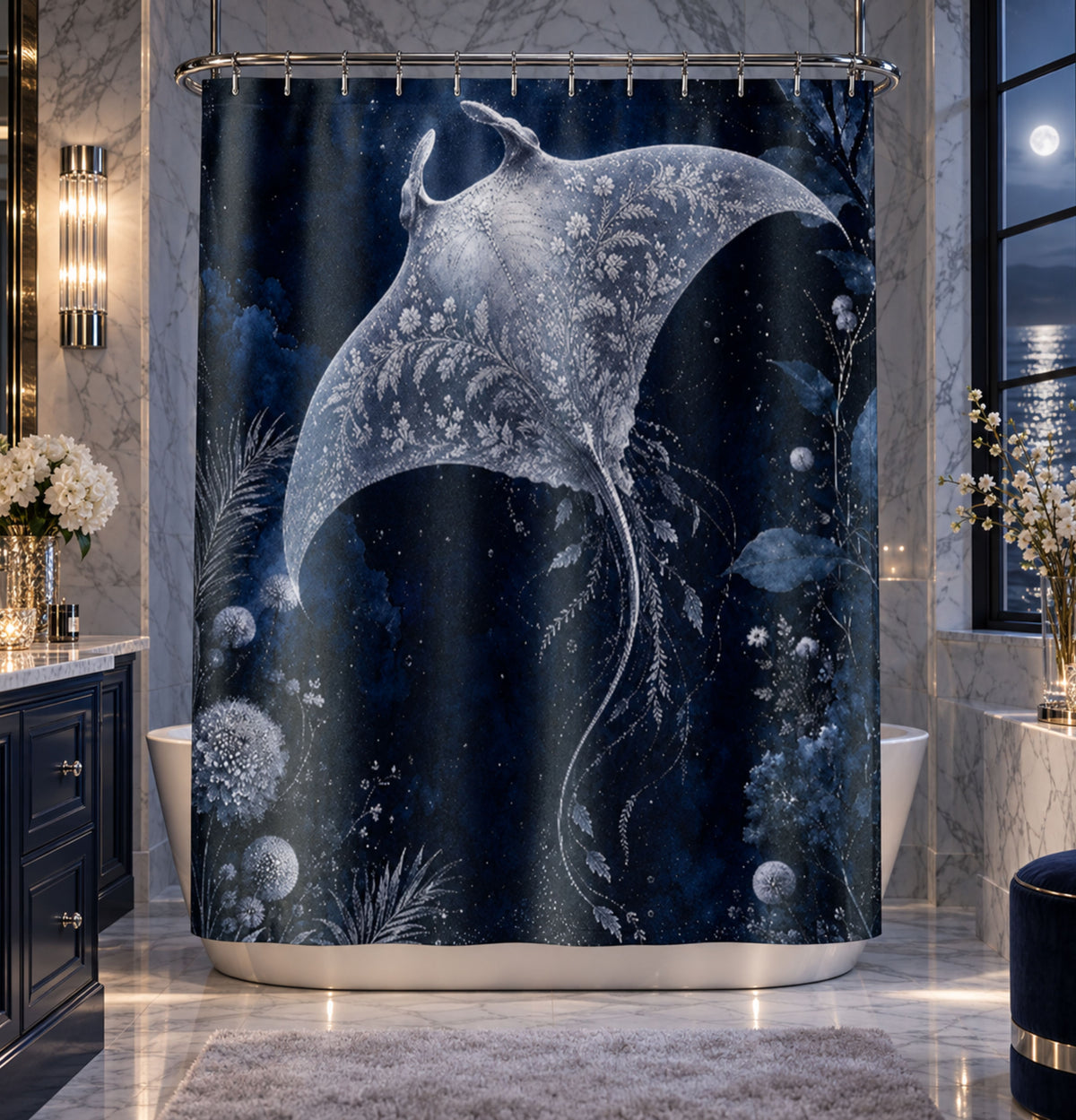 A dark blue and black shower curtain featuring a large white and silver manta ray design, hanging in a modern marble bathroom with a bathtub, vanity, and wall sconces.