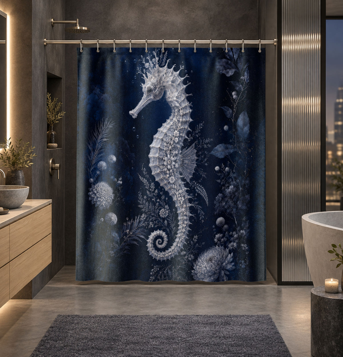 Nautical Ocean Seahorse Bathroom Decor— Seahorse Shower Curtain