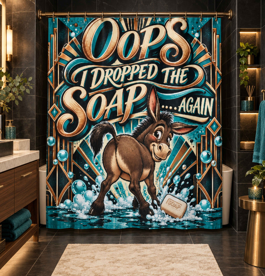 A colorful shower curtain hanging in a modern bathroom, featuring a cartoon donkey dropping soap with the text 'Oops I Dropped The Soap .