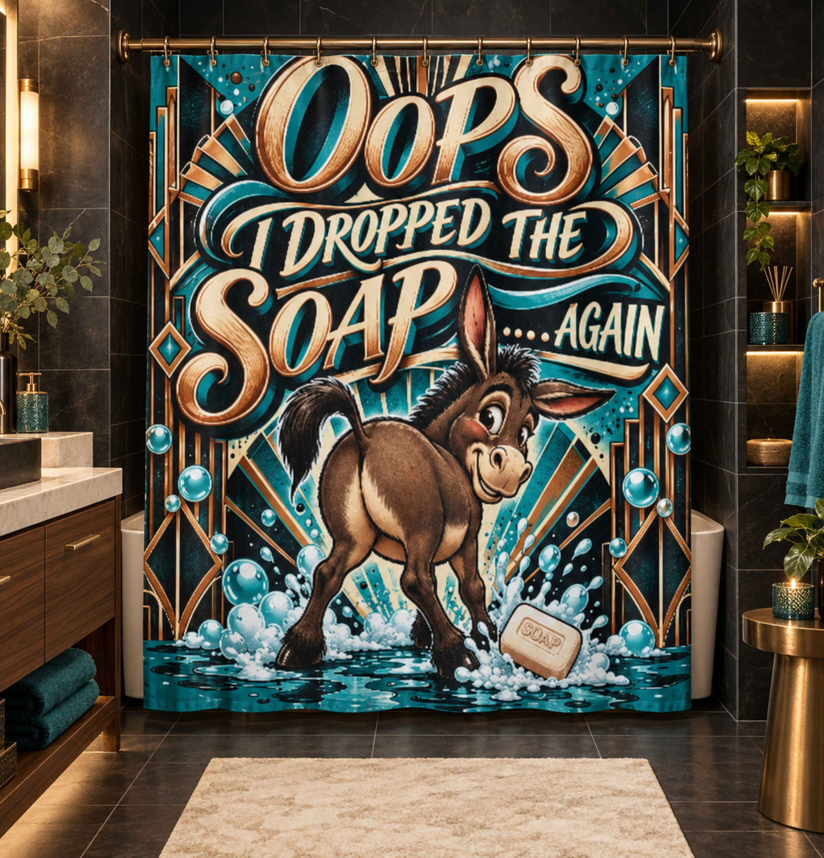 A colorful shower curtain hanging in a modern bathroom, featuring a cartoon donkey dropping soap with the text 'Oops I Dropped The Soap .