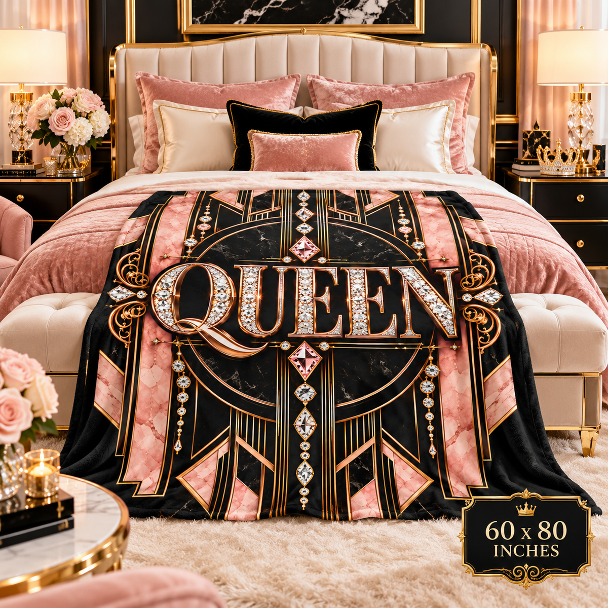A plush bedding set in a luxurious bedroom, featuring a black and pink Art Deco throw blanket draped over the bed. The blanket is detailed with the word 'QUEEN' in large, rhinestone-embellished letters and geometric patterns.